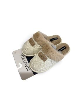 Nautica Cream Knit Slip-On Slippers with Tan Faux-Fur Trim